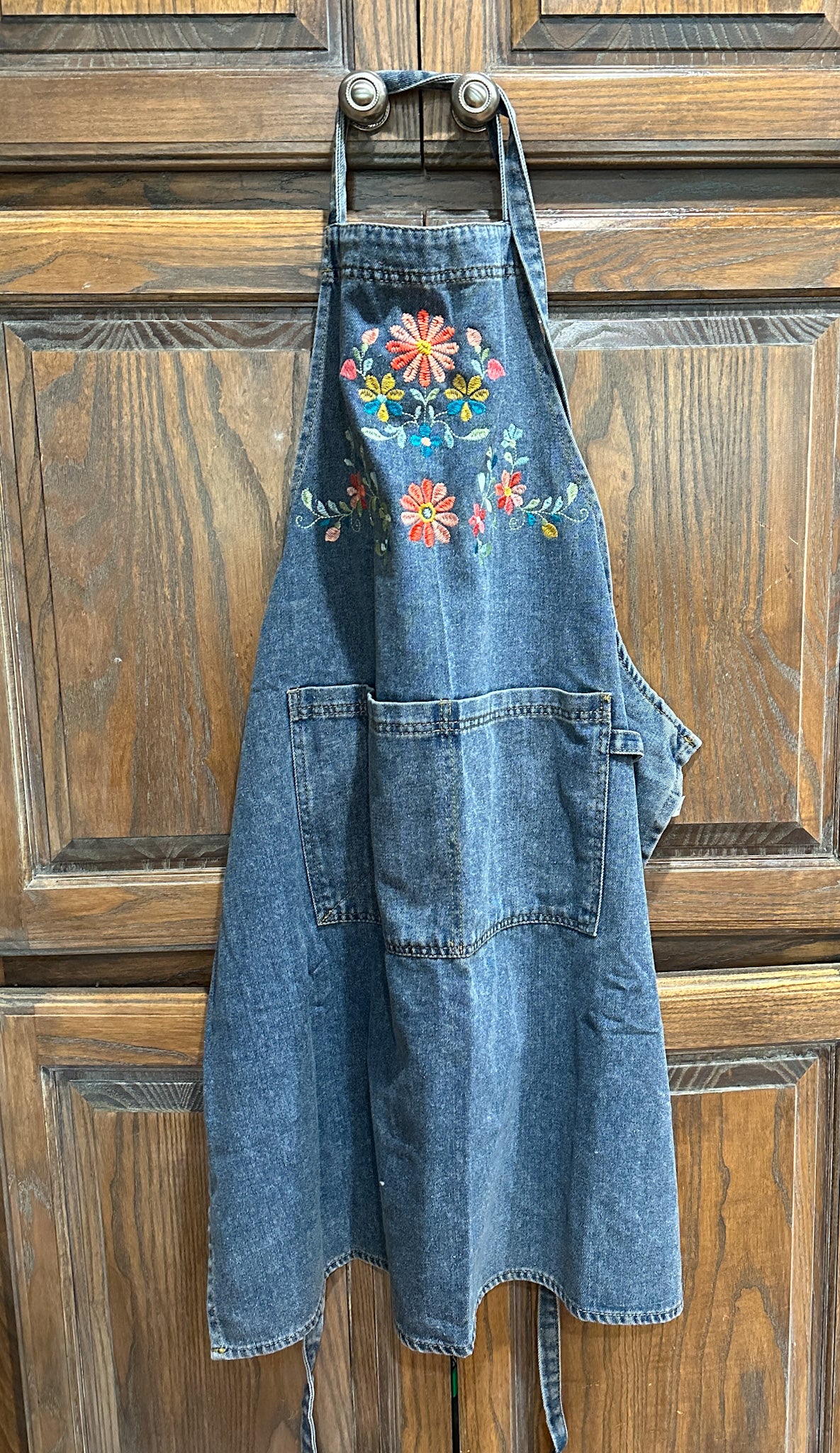 Floral Embroidered Denim Apron