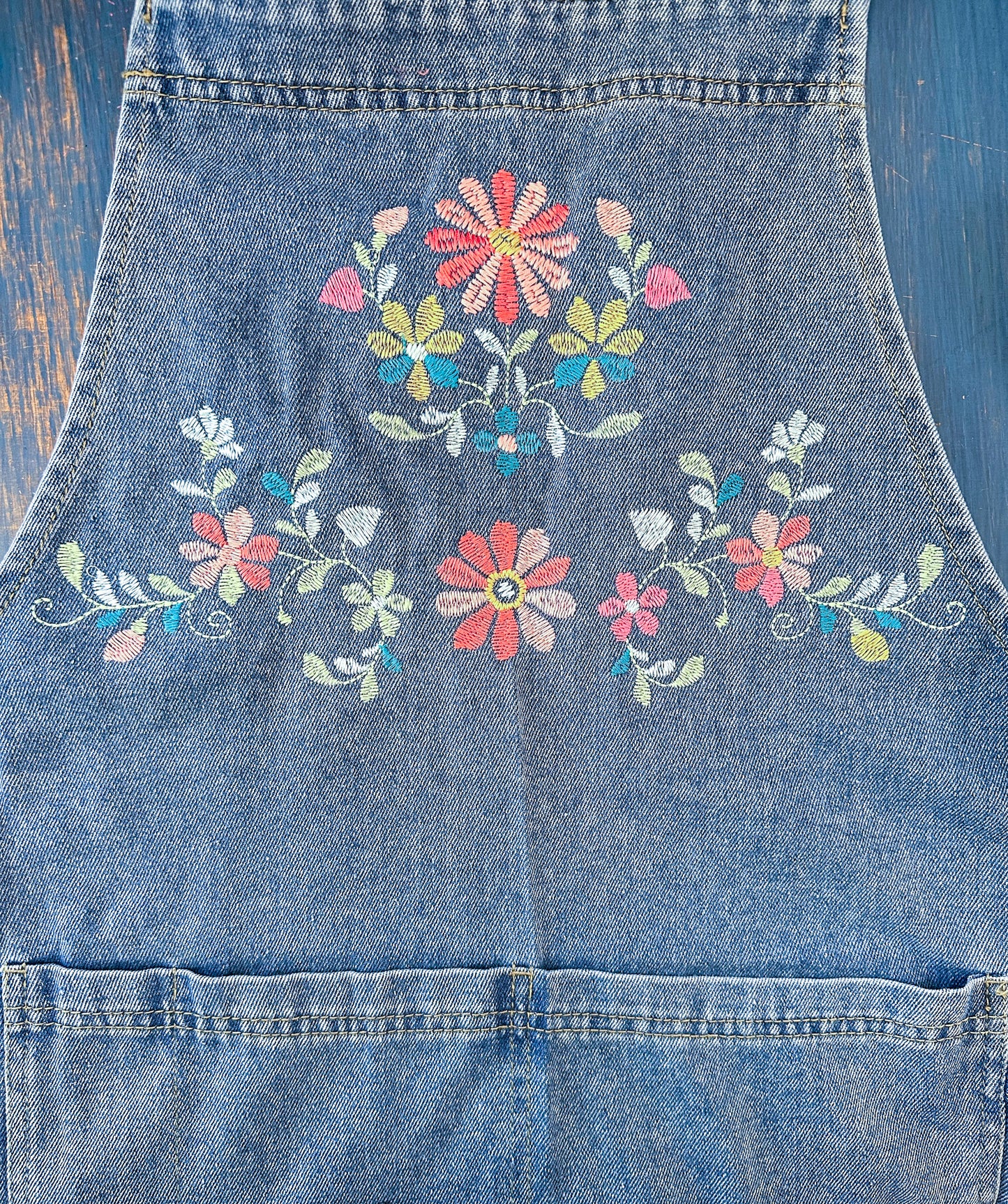 Floral Embroidered Denim Apron